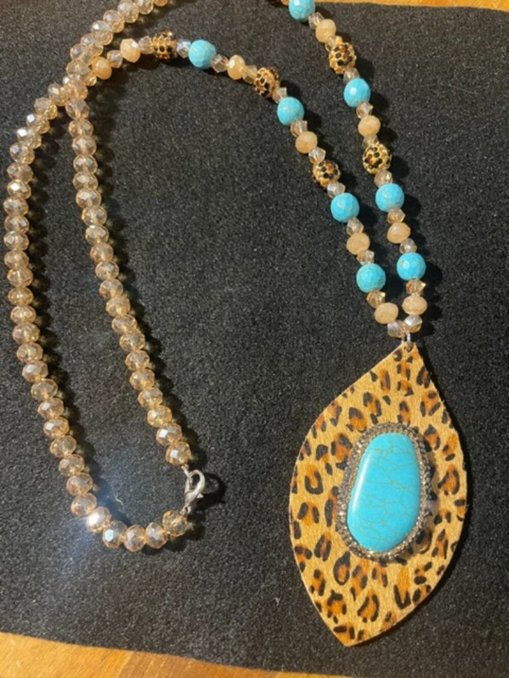 New Long Crystal Necklace with Leopard print leather charm and faux turquoise